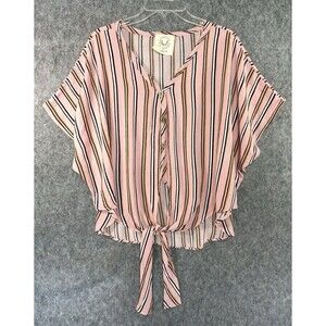 Fantastic Fawn Women’s Large Lightweight Top Short Sleeve Pink Striped Tie Front